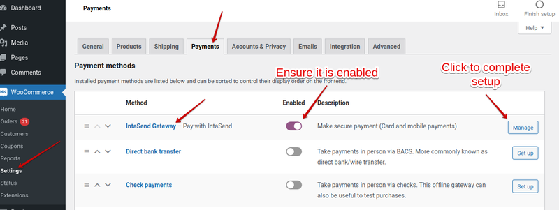 Complete the Payments setting in WooCommerce 1